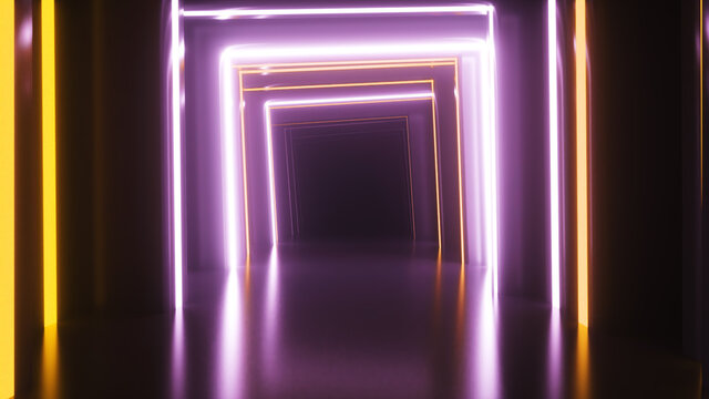 Abstract neon square tunnel technological. Endless swirling animated background. Modern neon light. Bright neon lines sparkle and move forward. 3d illustration