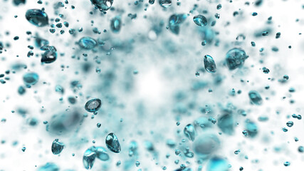 Explosion of water droplets into the camera in slow motion on an isolated white background. 3d illustration