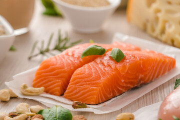 Raw salmon steak. Healthy and protein food concept