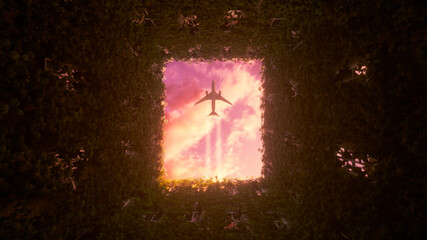 Flying airplane at sunset over a building with vegetation. Business and tourism concept. 3d illustration