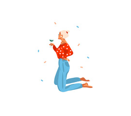 Hand drawn vector abstract fun stock flat Merry Christmas,and Happy New Year time cartoon festive card with cute illustrations of Xmas fashion modern girl drink champagne isolated on white background