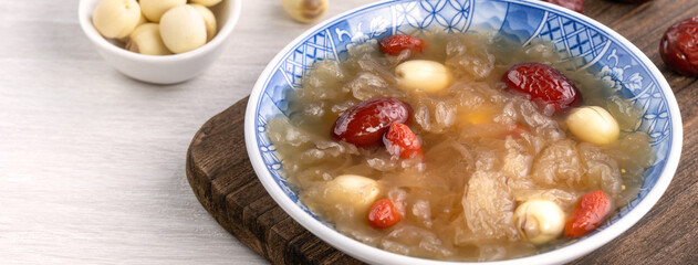 Close up of sweet snow white fungus soup with lotus seed, Chinese red dates and wolfberry.