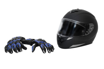 integral black motorcycle helmet and leather blue moto gloves isolated on white background