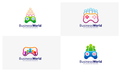 Set of Joystick with People logo design vector, Play Game logo design template, Icon symbol