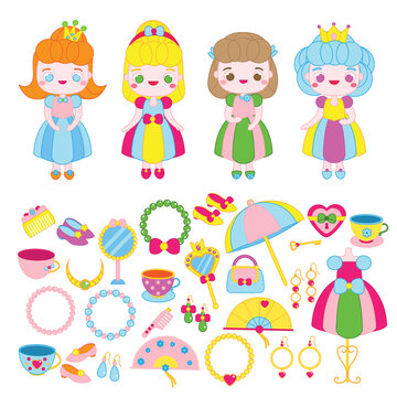 Big set of cartoon girls princess and accessories. Shoes, purse, necklaces and other girlish objects. Clip art collection for stickers book and paper dolls