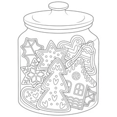 Christmas gingerbread cookies in a jar black and white illustration for coloring