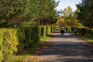 a group of people running along the path in the park