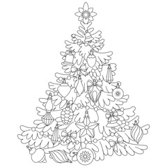 christmas tree with decorations black and white illustration for coloring