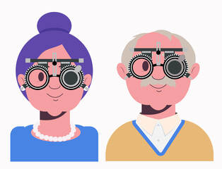 Elders vision checkup in ophthalmological clinic. Optometrist checking grandmother and grandfather eyesight with spectacles medical equipment. Glasses lens selection. Flat cartoon character