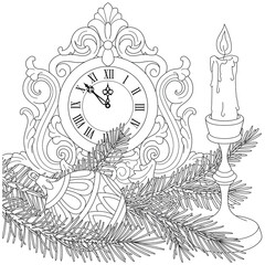 New Year's clock with candles black and white illustration for coloring