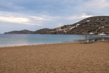 View of the sandy beach in Chora, Ios island, Greece.