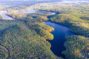 Finland landscape from the air with drone, lakes and pine forest