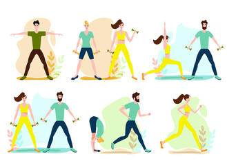 set of men and women playing sports, people doing exercises