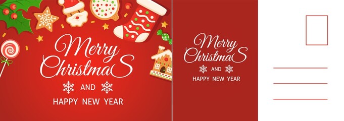 Merry Christmas card. Happy new year postcard with gingerbreads, holly leaf and santa claus, holiday winter letter, xmas gifts candy and lollipop mail vector red colored illustration
