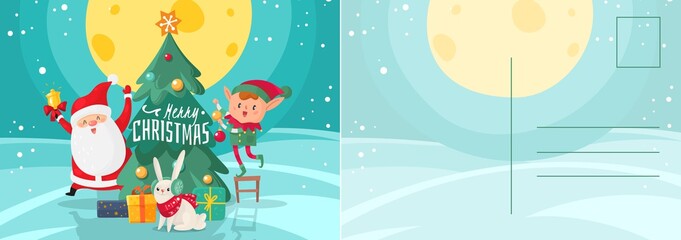 Fototapeta premium Merry Christmas card. New Year postcard with happy Santa Claus, elf and xmas fir tree, holiday winter letter, gifts and rabbit invitation or greeting cards cartoon vector illustration