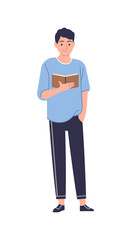 Man reading book. Smart male reader stand and read, student boy study knowledge, schoolboy with textbook, hobby and self education, bookstore and library concept, vector illustration