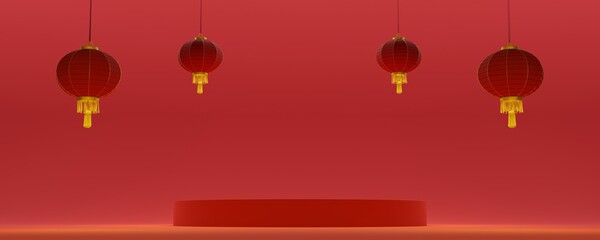 chinese new year concept, red background panoramic view with cylinder pedestal in the middle and Chinese lanterns, copy spacechinese new year gift card