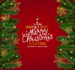Christmas greeting card with realistic christmas tree branches. Beautiful Christmas background