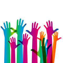 Hands on a light background. Colorful silhouettes arms.  Vector team, help, friendship symbol illustration.