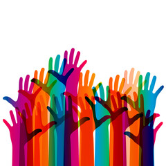 Hands on a light background. Colorful silhouettes arms.  Vector team, help, friendship symbol illustration.