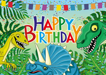Funny dinosaurs and birthday greetings on colorful background.