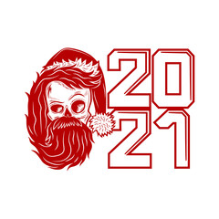 Red skull icon with Santa Claus hat on white background.