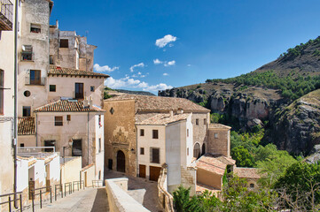 Pedestrian street on ramp and 16th century church of the Holy Cross in Cuenca