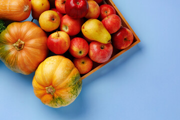 Pumpkins, apples and pears in a wooden box on blue background