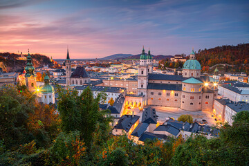 Salzburg, Austria. Cityscape image of the Salzburg, Austria with Salzburg Cathedral during autumn sunset. - obrazy, fototapety, plakaty