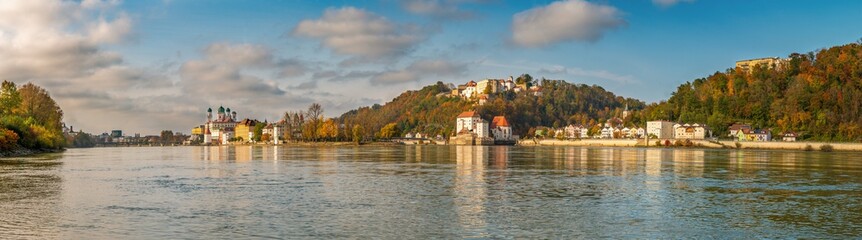 Passau city panorama with Danube river at sunset - Bavaria - Germany