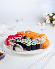 Set of rolls for two, romance, flowers, candles, rings