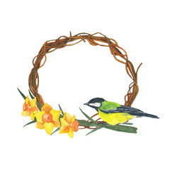 Spring wreath with titmouse bird and daffodils isolated on white background. Watercolor hand drawing illustration. For card, poster, print, design. Yellow spring flower frame. Copy space.