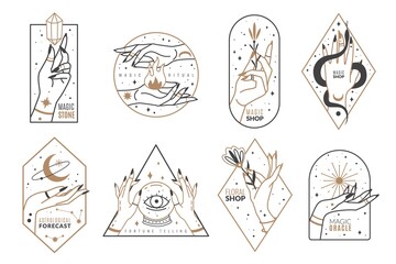 Occult line emblems. Outline women hands with mystical magic elements in minimalistic trendy style, witchcraft golden symbols and mysterious objects, elegant vector isolated collection