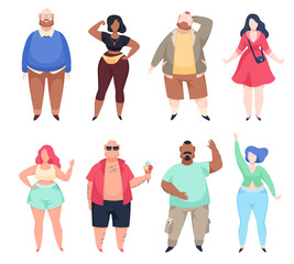 Fat people. Lovely plus size men and women in fashionable clothes set, body positive models, lifestyle overweight happy male, female sexy flat cartoon vector characters isolated on white