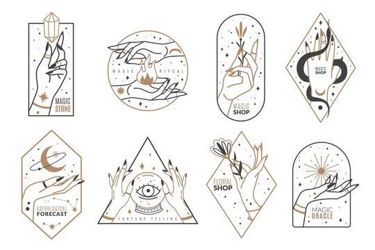 Occult line emblems. Outline women hands with mystical magic elements in minimalistic trendy style, witchcraft golden symbols and mysterious objects, elegant vector isolated collection