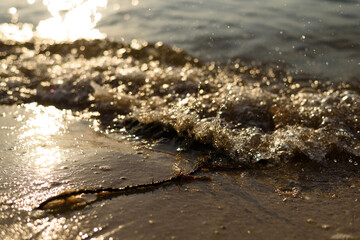 Sea wave closeup at sunset time with sun reflection on the water.