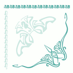 Sea horse set with the art nouveau ornaments and angle compositions in turquoise colours 