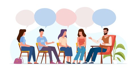 Addiction treatment concept. Group therapy, people counseling with psychologist, persons in psychotherapist sessions, mental health community, vector men and women with speech bubbles