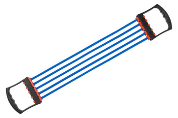 blue tubular fitness expander, five rubber tubes, white background