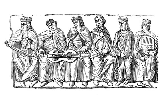 Medieval musical performance: noble figures playing string instruments , bas-relief of 11th century