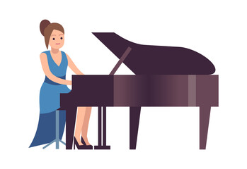 Pianist woman. Classical female musician character in blue dress with black piano plays melody, acoustic music show entertainment and hobby concept flat vector cartoon illustration