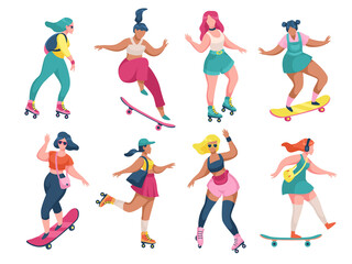 Roller skating girls. Young women roller skates and skateboards, rollerblading and skateboarding teenager activ leisure time outdoors collection, extreme sport flat vector isolated set - obrazy, fototapety, plakaty
