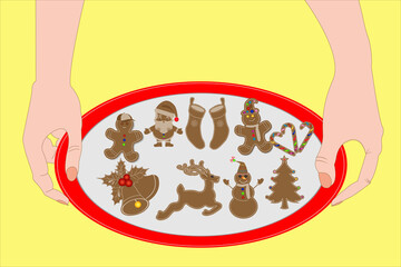 Vector illustration of Gingerbread cookies in christmas ornament shapes. Preperation for christmas and new year.