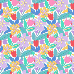 Seamless pattern in applique style with blooming flowers