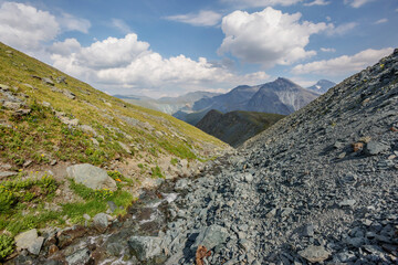 Naklejka premium Stream on the Karatyurek pass. Altai landscape. Russia.