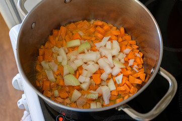 Frying carrots and onions in the pan.