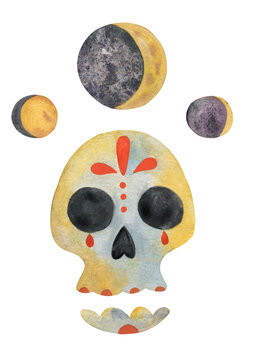 Watercolor hand drawn sugar skull for Day of the Dead, halloween party decoration with moon. Dia de los Muertos drawing. for invitation, postcard,stickers and books. Cartoon clip art of skeleton.