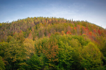 Beautiful autumn mountain view and landscapes from the path from Ribaritsa to Eho hut chalet and peaks Yumruka and Kavladan, Central Balkan, Teteven, Bulgaria