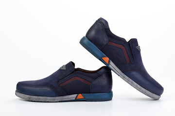 Men's comfortable Navy blue leather shoes on white background