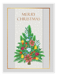 Christmas tree card template. Botanical illustration with holly leaves, red berries and poinsettia